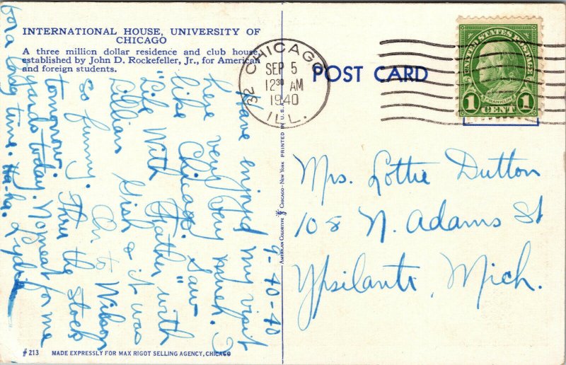 Vtg Illinois IL International House University of Chicago 1940s Linen Postcard