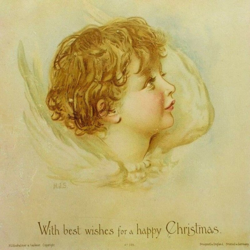 1880's-90's Christmas Card Adorable Smiling Cherub Painting By H. J. S. &K
