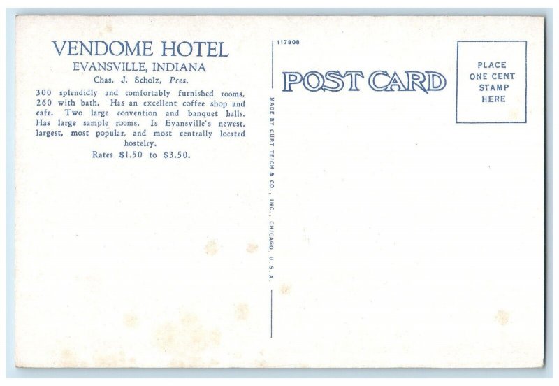 c1930's Vendome Hotel Building The Grand Cars Evansville Indiana IN Postcard