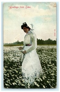 1910 Greetings From Iowa Flowers Woman Christmas Seal Victorian Dress Postcard