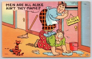 Men Are All Alike Ain't The Mame? Wife Cleaning The House Comic Postcard