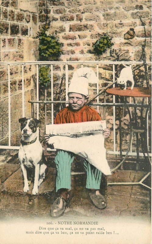 Postcard C-1910 Normandie France Boy Newspaper dog artist  22-13911