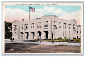 c1950's Central Fire Station Building Office Flag Railway Portland ME Postcard