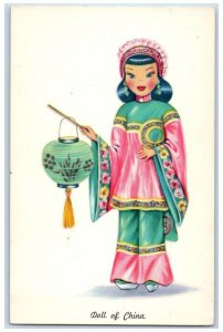 Doll Of China Postcard Tichnor Gloss Chinese Girl With Lantern c1950's Vintage