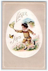 c1910's Easter Joys Boy Caching Butterfly Flowers Embossed Antique Postcard