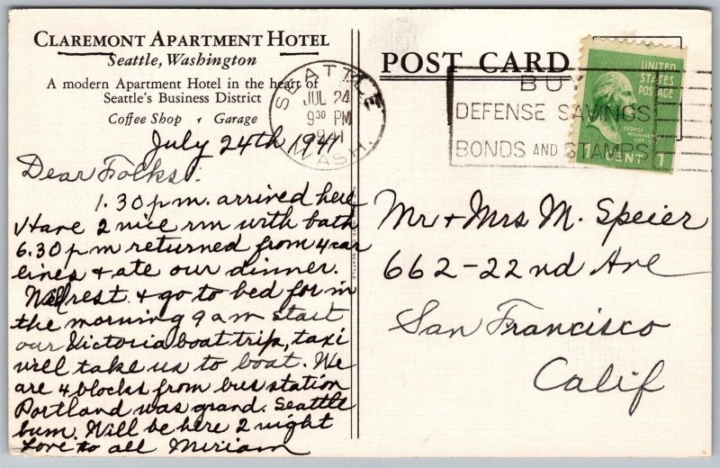 Vtg Seattle Washington WA Claremont Apartment Hotel 1940s Advertising Postcard