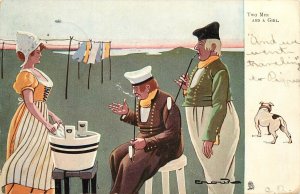 Tuck Postcard Dutch Natives 763 Two Men and a Girl Pipe Smoking, Bull Dog, Crow