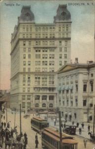 Brooklyn NY Temple Bar Street View Trolleys c1910 Hand Colored Postcard