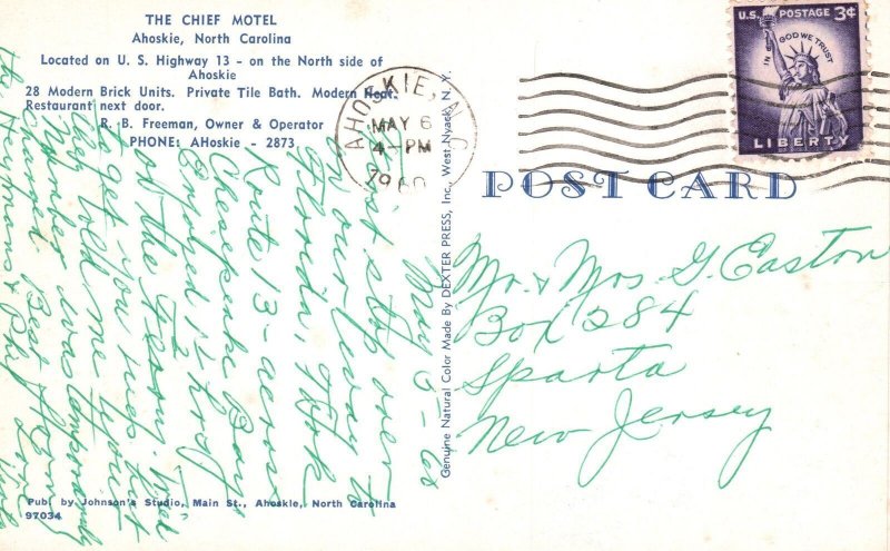 Vintage Postcard 1960's Chief Motel Rooms Restaurant Ahoskie North Carolina NC 