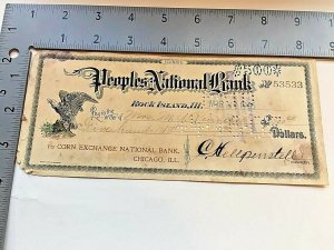 1905 Bank Check drawn from People's National Bank, Rockland, IL.     W6