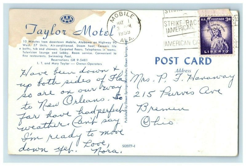 Taylor Motel, Mobile, Alabama Postcard P172