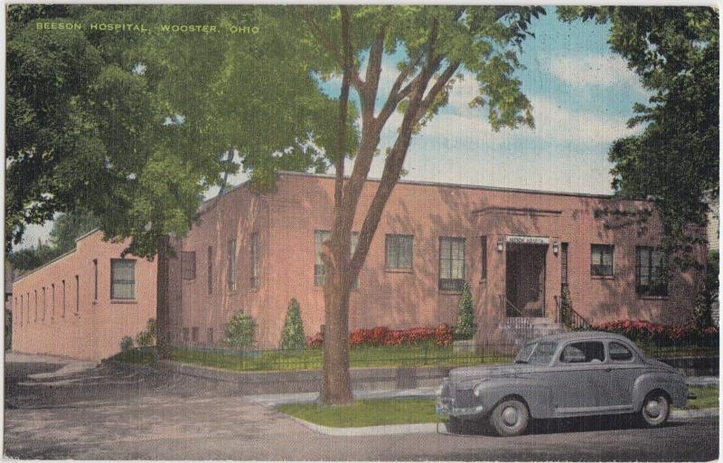 Old Linen WOOSTER Ohio Postcard BEESON HOSPITAL Building Car