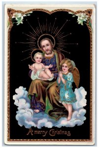 Christmas Jesus Angel Lily Flowers Religious Gel Gold Gilt Roselle IL Postcard