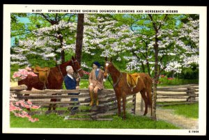 Springtime Scene Showing Dogwood Blossoms and Horseback Riders - Linen