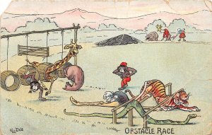 US33 damaged UK Obstacle race humanized animals circus girafe chimp tiger