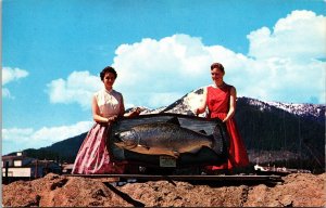 A Real King and Two Queens Record Salmon Catch Alaska Postcard
