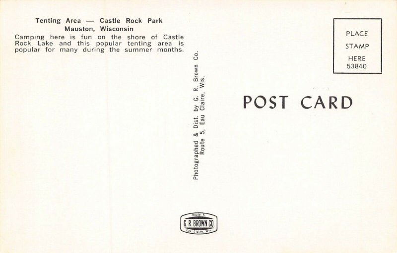MAUSTON WISCONSIN~CASATLE ROCK PARK~TENTING AREA-1950-60s CARS~POSTCARD