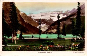 RPPC Lake Louise Alberta Canada Real Photo Postcard Colorized Bench Mountains