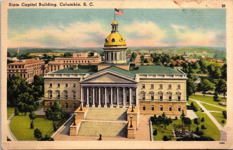 State Capitol Building Columbia South Carolina SC US Flag Greenery Postcard UNP 