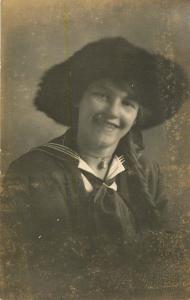 1910 REAL PHOTO POSTCARD RPPC YOUNG GIRL IN HAT & SAILOR TYPE BLOUSE & LOCKETT