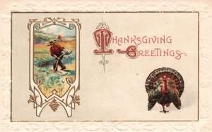 Thanksgiving Greetings Plow Field Turkey Farm Vintage Postcard c1910