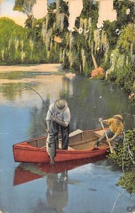 Man Landing a Fish in a Boat Gulf Coast, USA Fishing 1946 