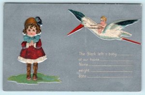 Vintage BIRTH ANNOUNCEMENT Little Girl, Baby STORK c1910s  Embossed  Postcard