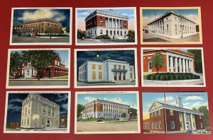 U.S. Post Offices, Lot of 9  Different Postcards, Circa 1930's- 1940's, Unused