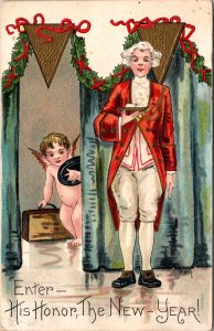 New Year Postcard Cherub Angel Baby New Year Being Announced Entering Room