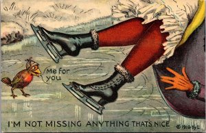 Comic Artwork Postcard Bird Looking Up Woman's Skirt When She Falls Ice Skating