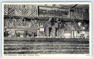 DUBOIS, WY Wyoming ~ Roadside Rustic Interior BRANDING IRON BAR c1940s Postcard