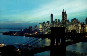 New York City Nightfall In Lower Manhattan With Brooklyn Bridge