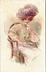 Lady Drinking Tea by May L. Farini Vintage Postcard M13