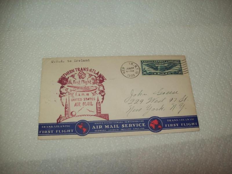 US First flight cover, FAM 18, New York to Ireland, 1939 $8