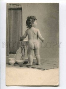 401707 CHILD Kid in Bath Room Vintage Tournier postcard