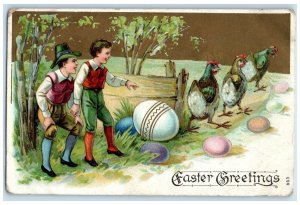 1908 Easter Greeting Chicken Eggs Boys Embossed St. Joseph MO Antique Postcard