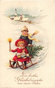 L001 Germany 1926 New Year children sledge Christmas tree gifts postcard
