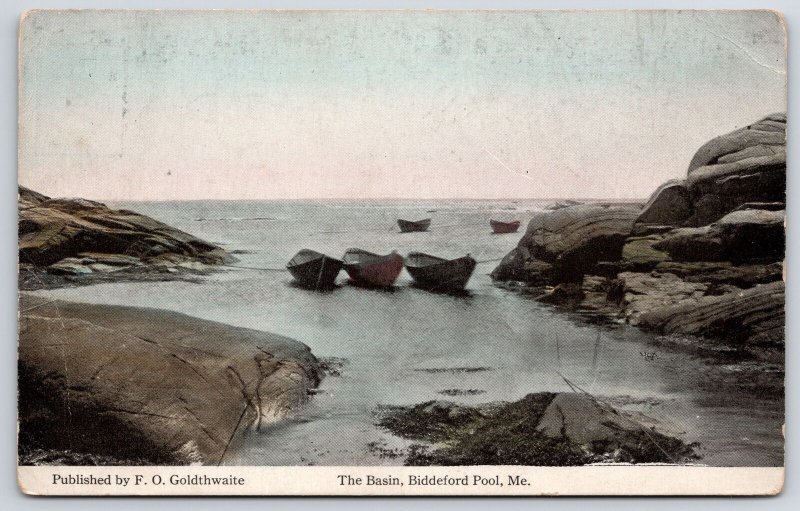 Biddeford Pool ME-Maine, The Basin, Big Rocks & Boats In Ocean, Vintage Postcard