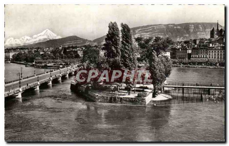 Geneva Switzerland Modern Postcard Ile Rousseau and Mt Blanc