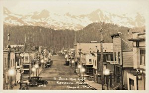 Cordova AK A June Midnight Aerial View Downtown Storefronts Lights On RPPC