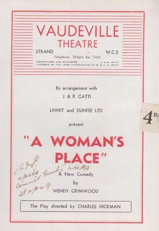 A Womans Place Wendy Grimwood Comedy Vaudeville London Theatre Programme