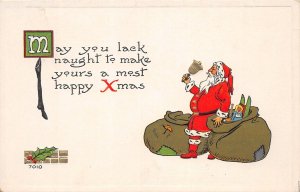 J34/ Santa Claus Christmas Postcard c1910 Toy Sack Bell 176