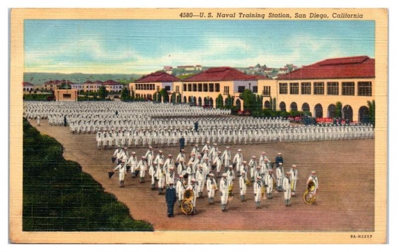 1949 US Naval Training Station and Marching Band, San Diego, CA Postcard