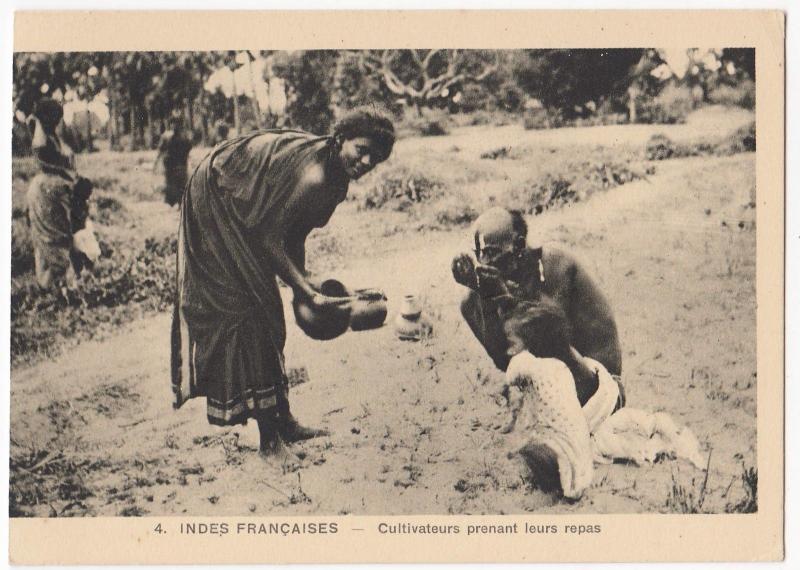 India; French India, Native Farmers Eating PPC, Unposted, c 1910's, By Braun