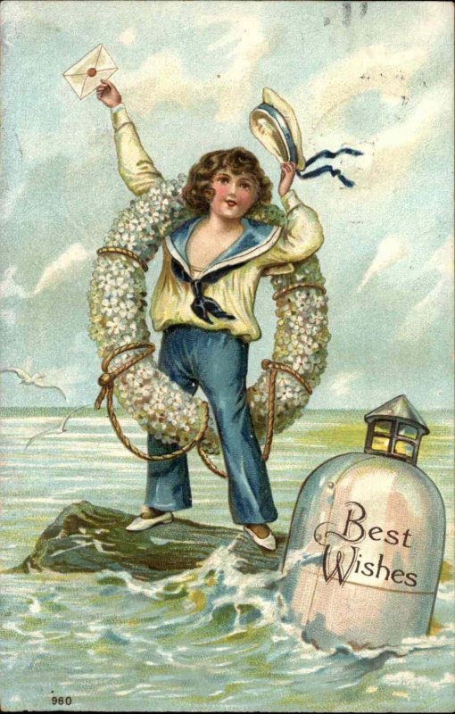 Best Wishes Little Boy in Sailor Suit Buoy in Sea c1910 Vintage Postcard 