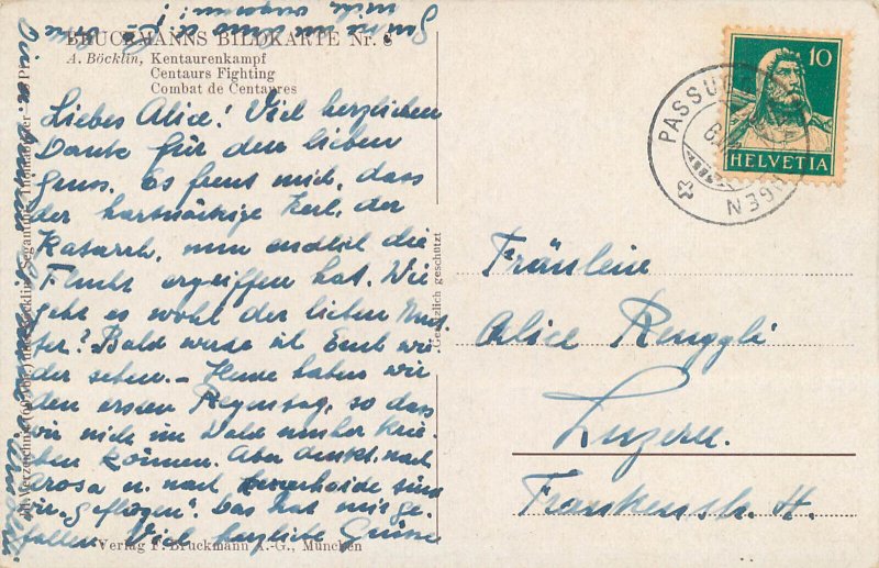A. Bocklin centaur fight fine art postcard 1923