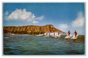 Vintage 1960's Postcard Panoramic View of Surfers on a Wave in Waikiki Hawaii