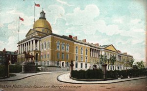 Vintage Postcard State House And Hooker Monument Historical Landmark Boston MA