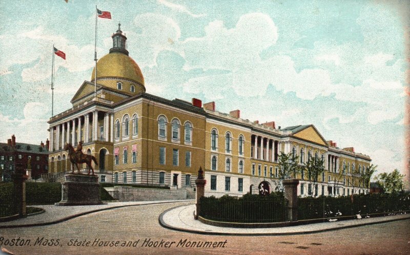 Vintage Postcard State House And Hooker Monument Historical Landmark Boston MA