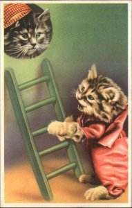 Dressed Cats Kittens Wooden Ladder 1930s-50s Vintage Postcard